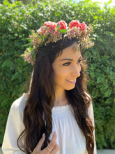 Load image into Gallery viewer, Woman wearing flower crown with pink flowers outdoors