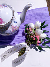 Load image into Gallery viewer, Mini flower bouquet with monogram ribbon on outdoor picnic table