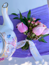 Load image into Gallery viewer, Mini flower bouquet with monogram ribbon on outdoor picnic table