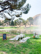 Load image into Gallery viewer, Picnic setup outdoors at a park with pillows, picnic table, china plating, silverware and a beverage station for hot tea and sparkling beverages