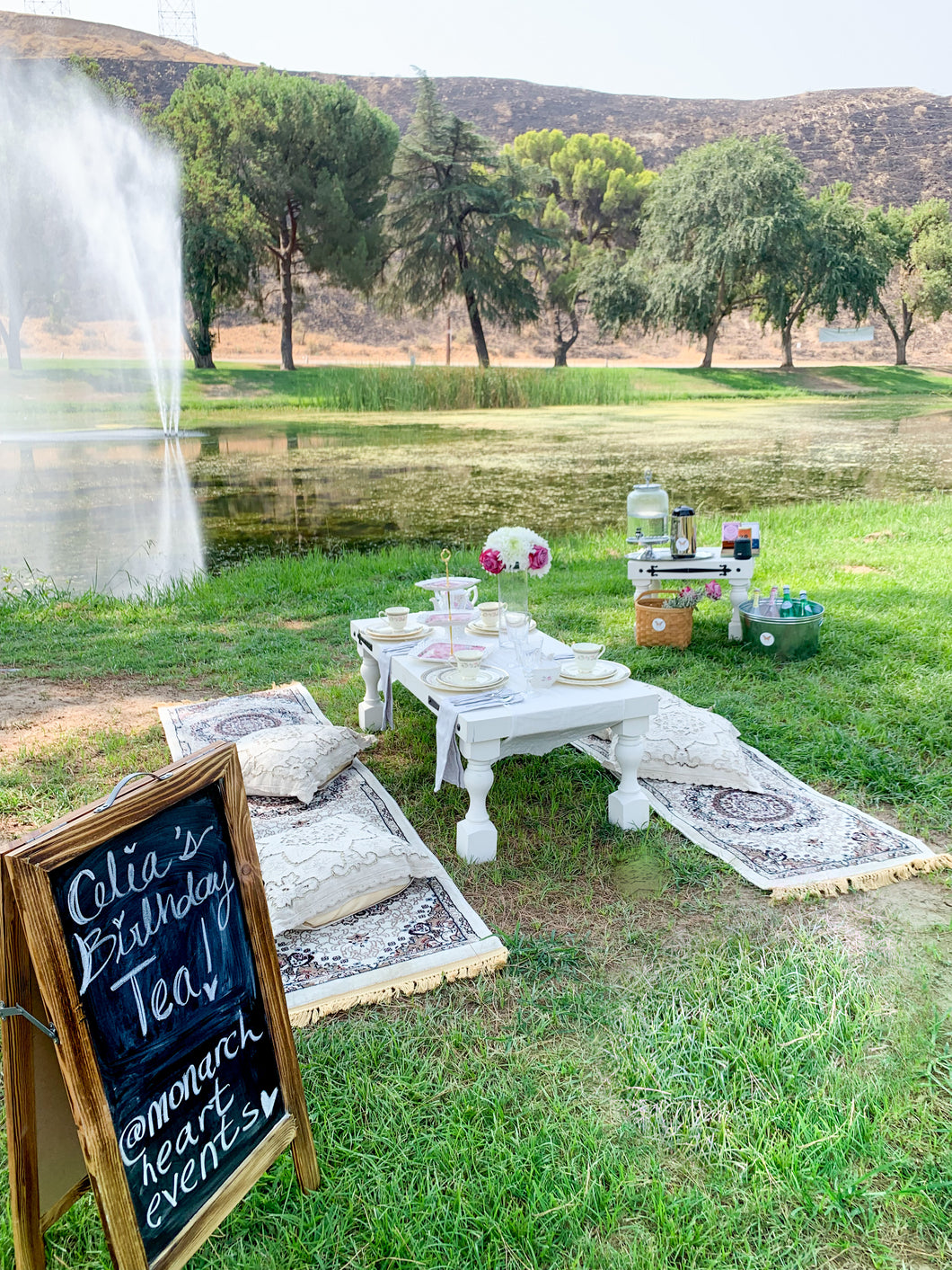 Picnic setup outdoors at a park with pillows, picnic table, china plating, silverware and a beverage station for hot tea and sparkling beverages 